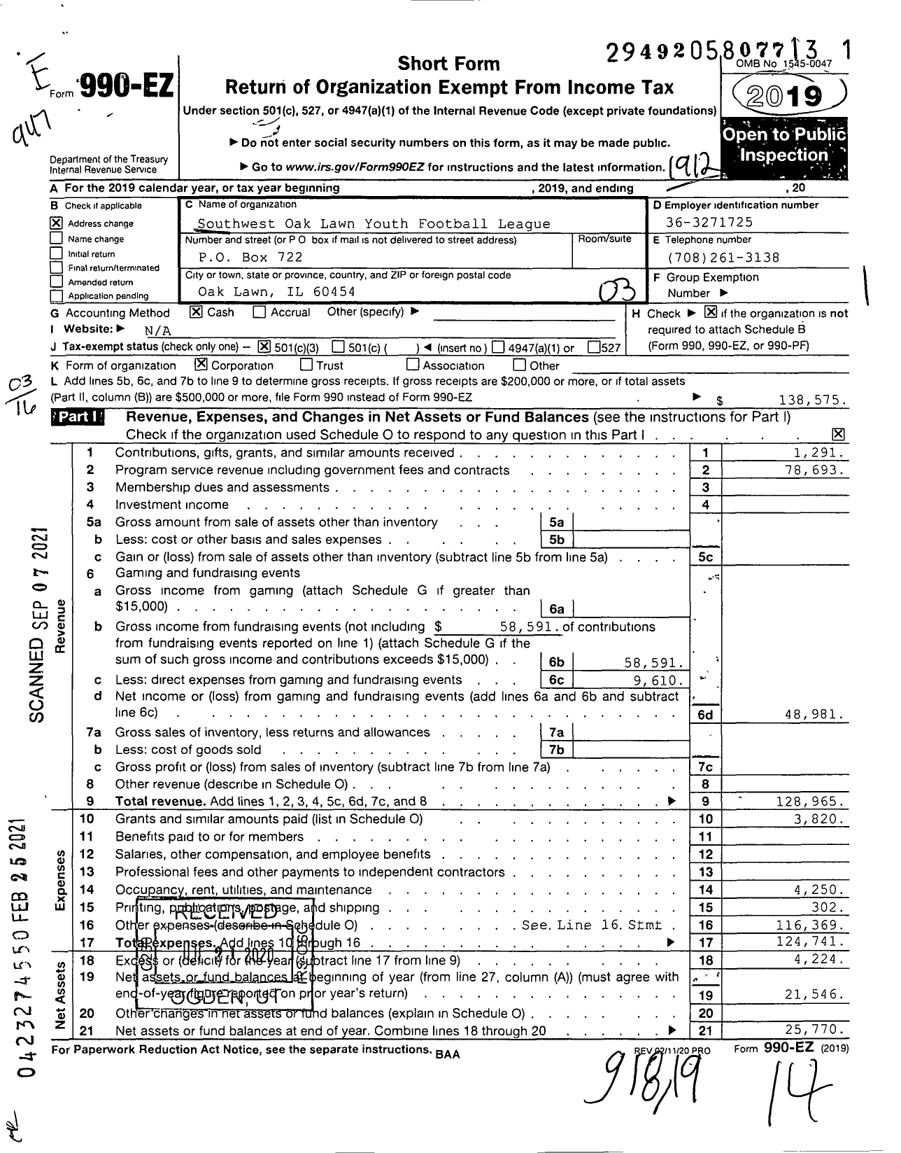 Image of first page of 2019 Form 990EZ for Oaklawn Outlaws