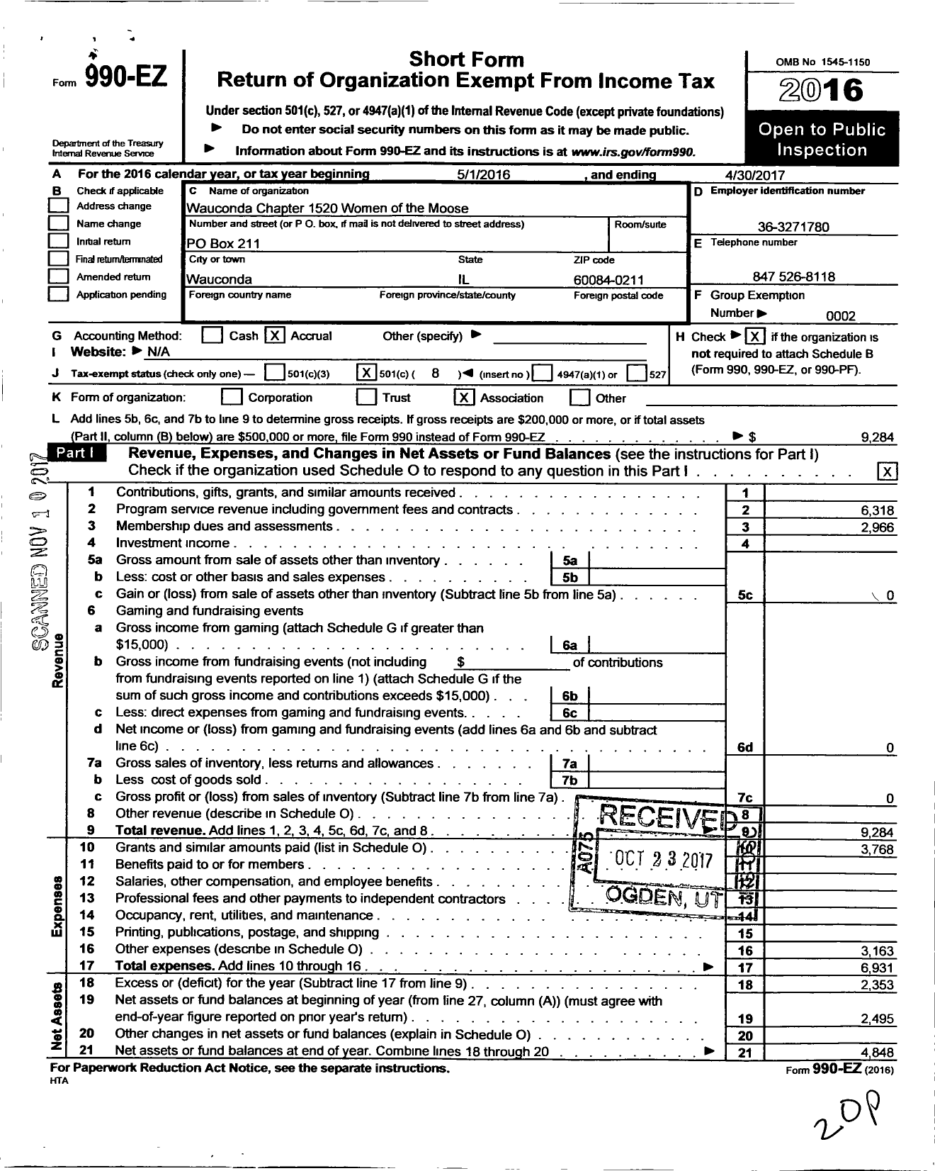 Image of first page of 2016 Form 990EO for Wauconda Chapter 1520 Women of the Moose