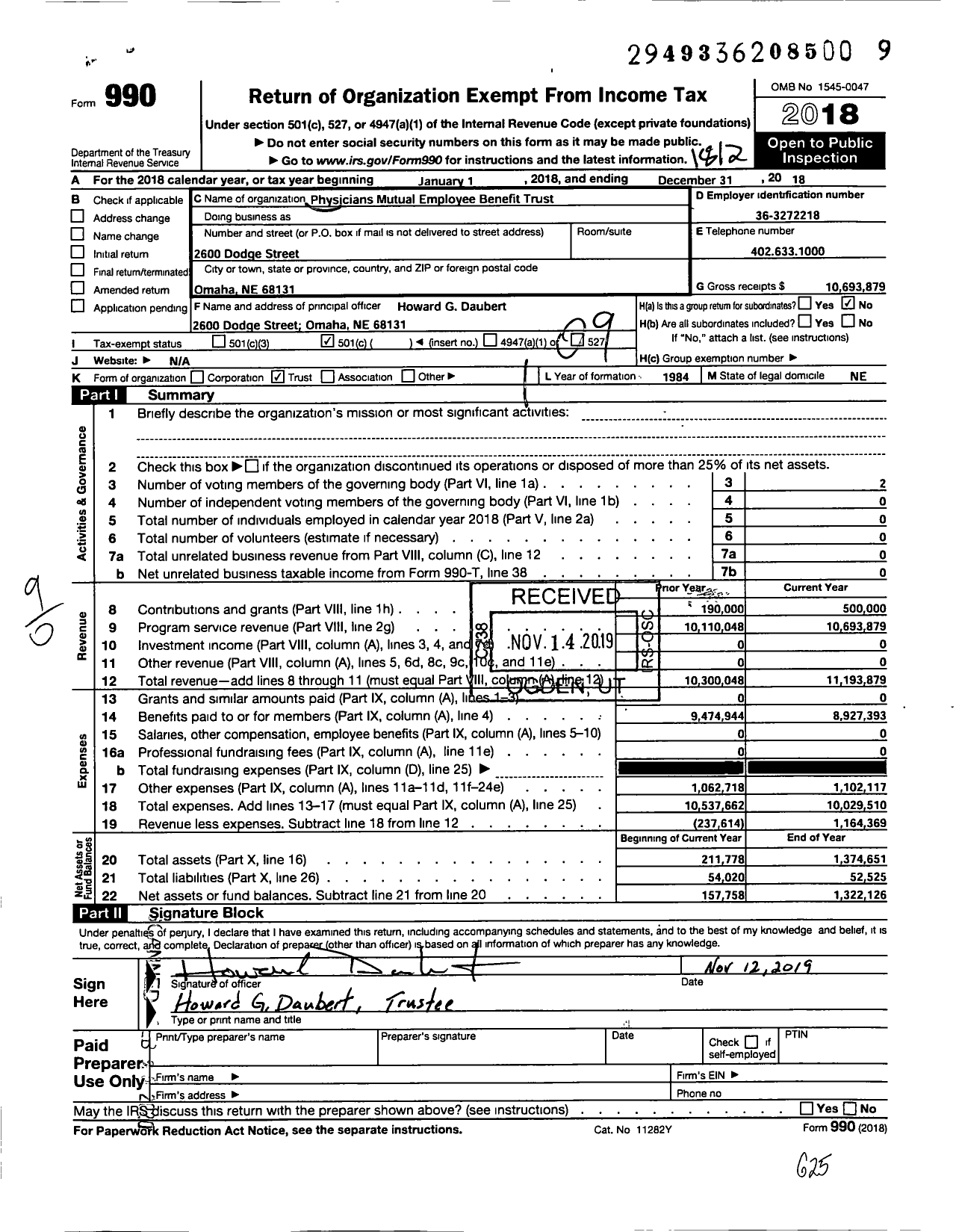 Image of first page of 2018 Form 990O for Physicians Mutual Employee Benefit Trust