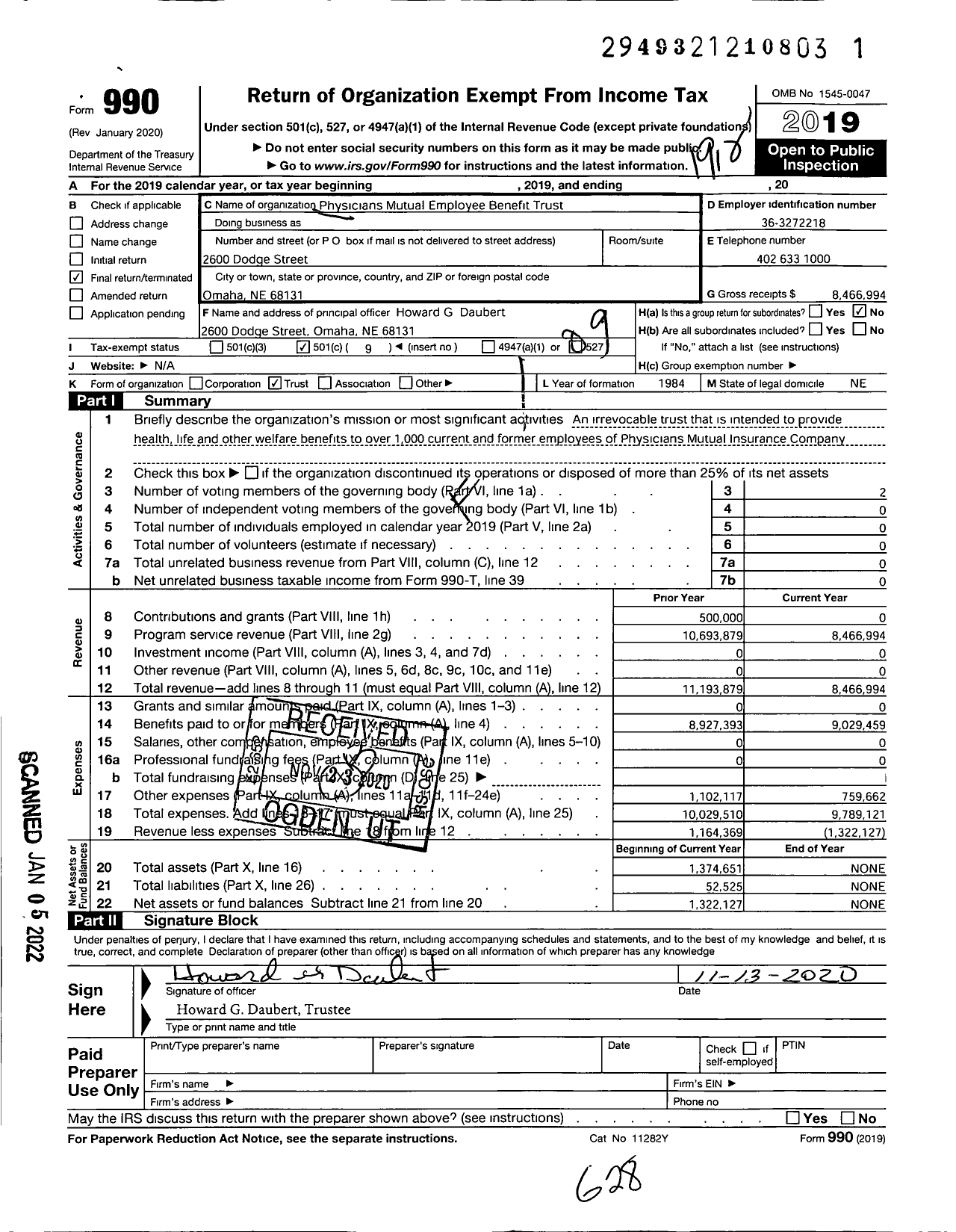 Image of first page of 2019 Form 990O for Physicians Mutual Employee Benefit Trust