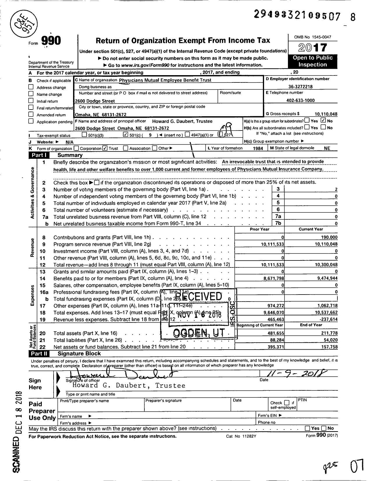 Image of first page of 2017 Form 990O for Physicians Mutual Employee Benefit Trust