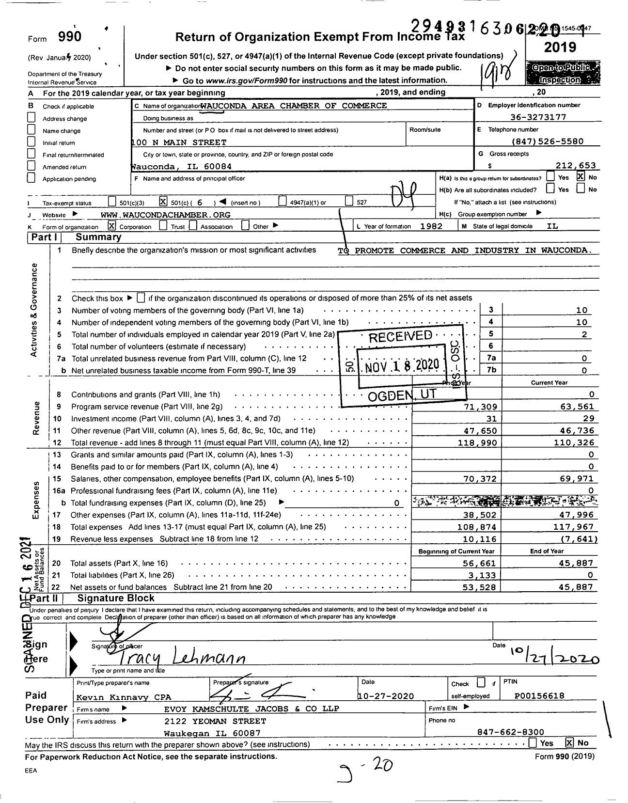 Image of first page of 2019 Form 990O for Wauconda Area Chamber of Commerce