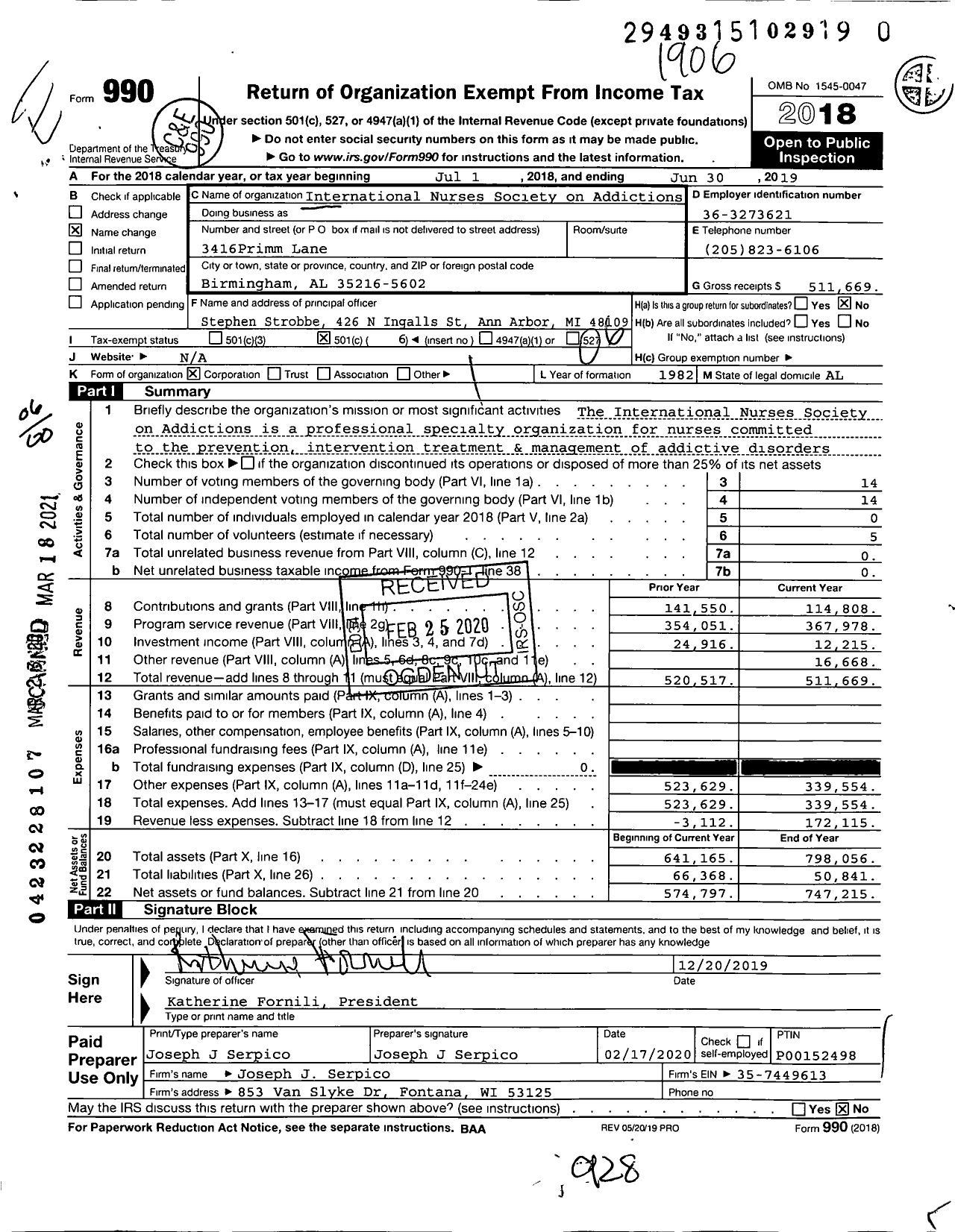 Image of first page of 2018 Form 990O for International Nurses Society on Addictions