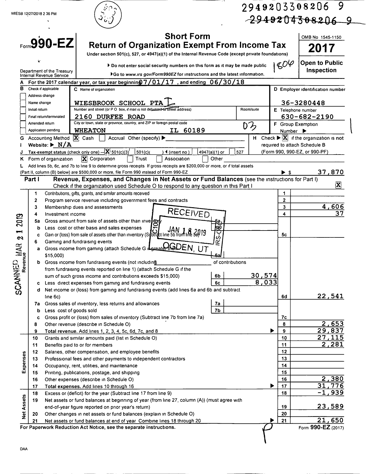 Image of first page of 2017 Form 990EZ for Illinois PTA - Wiesbrook PTA