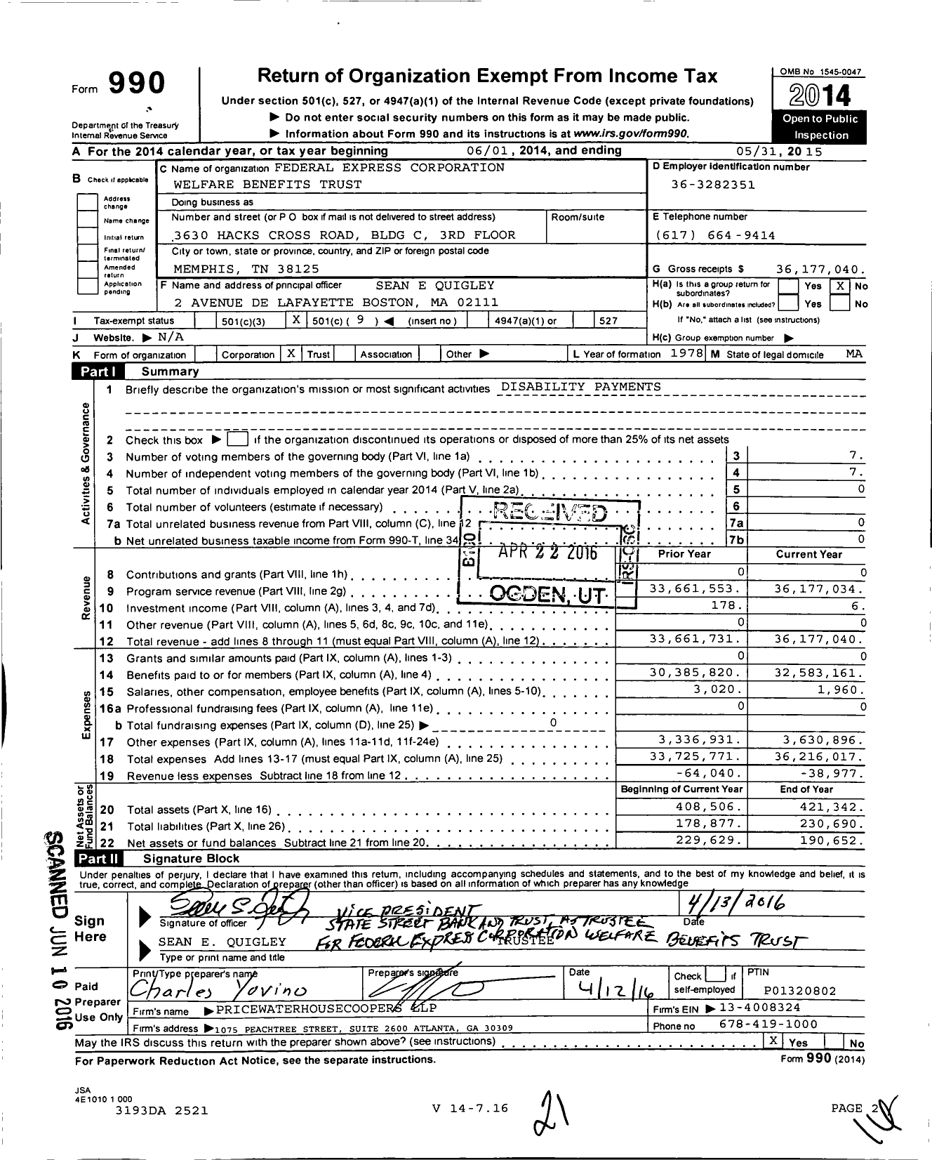 Image of first page of 2014 Form 990O for Federal Express Corporation Welfare Benefits Trust