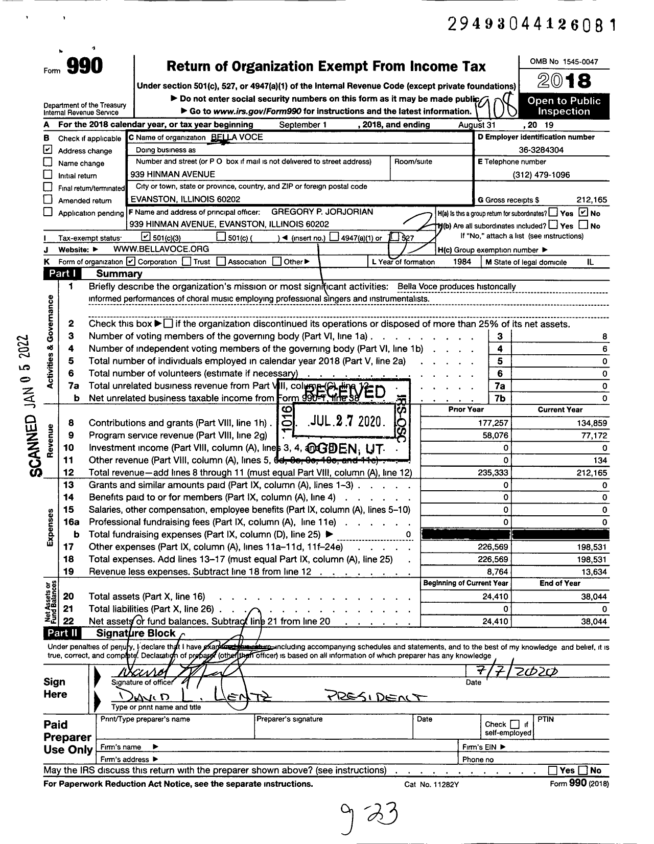 Image of first page of 2018 Form 990 for Bella Voce