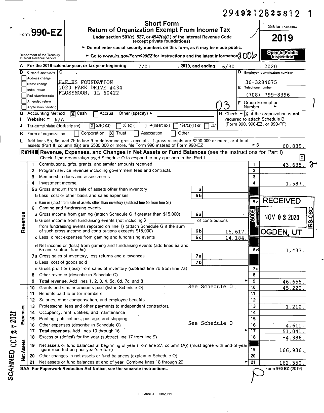 Image of first page of 2019 Form 990EZ for Homewood Flossmoor High School Foundation