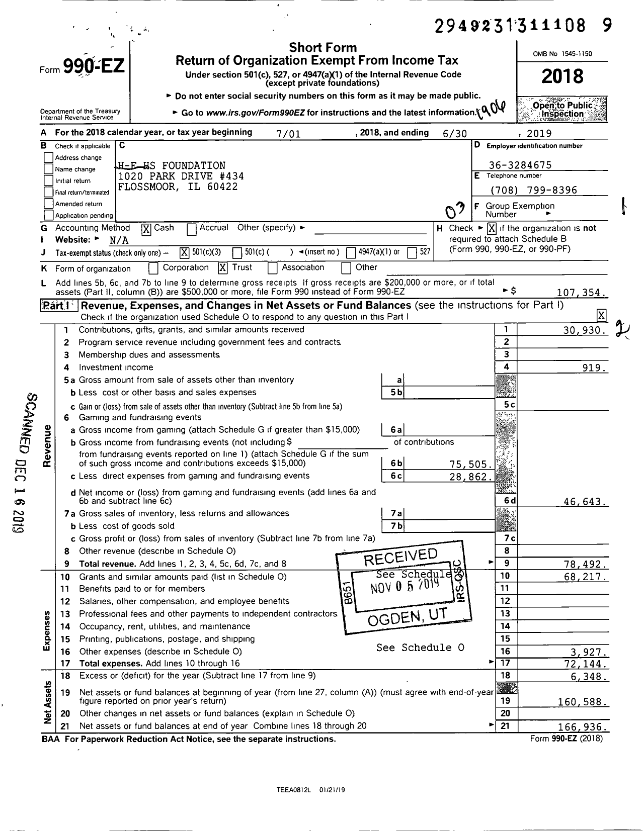 Image of first page of 2018 Form 990EZ for Homewood Flossmoor High School Foundation