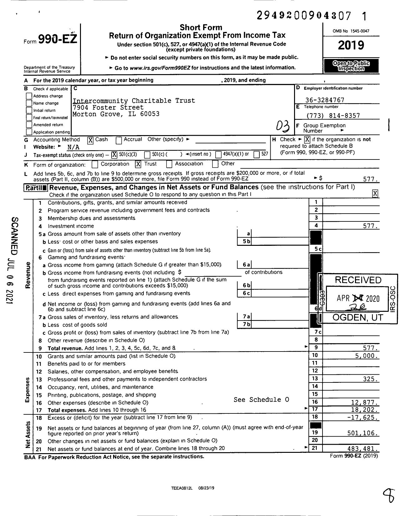 Image of first page of 2019 Form 990EZ for Intercommunity Charitable Trust