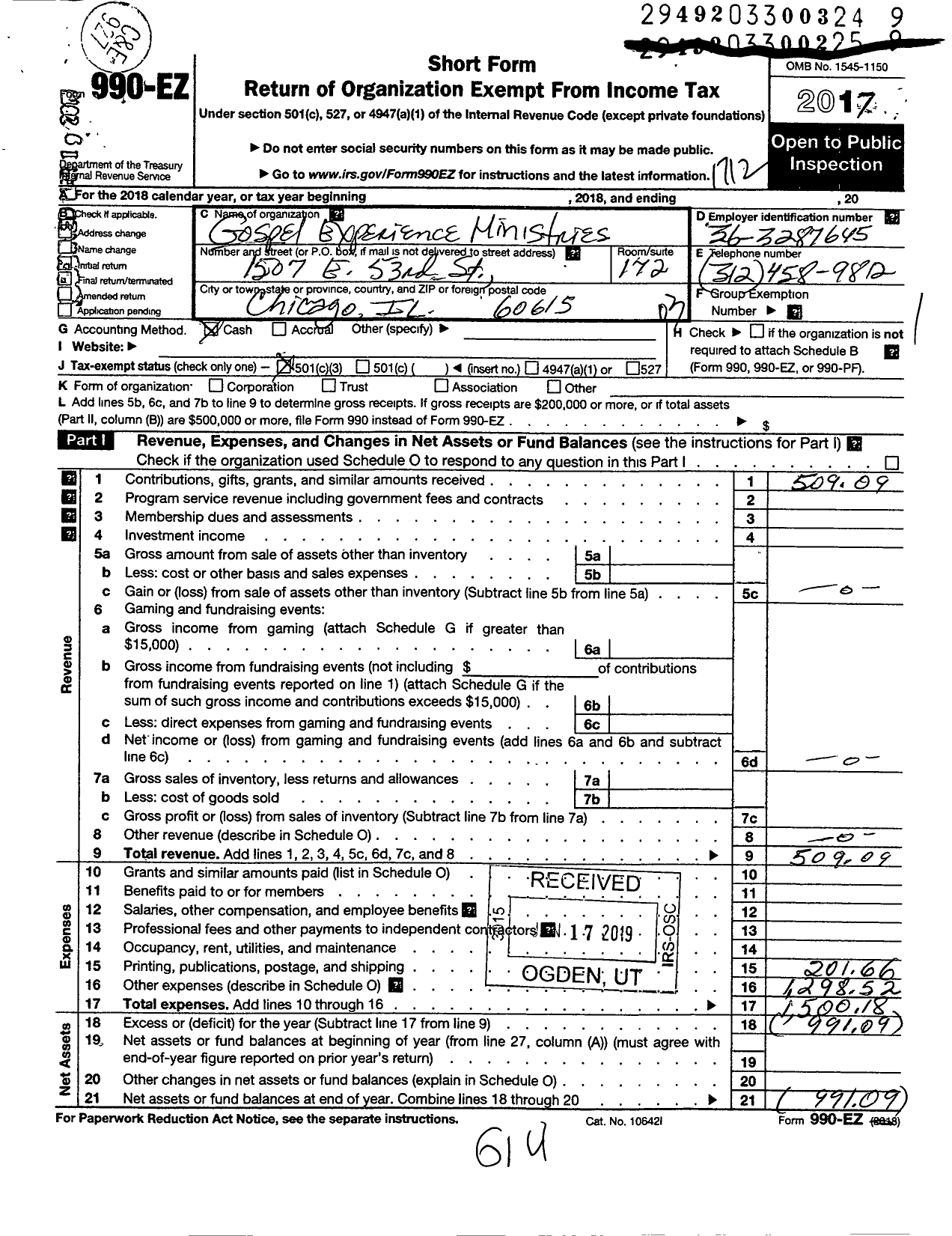 Image of first page of 2017 Form 990EZ for Gospel Experience Ministries (GEM)