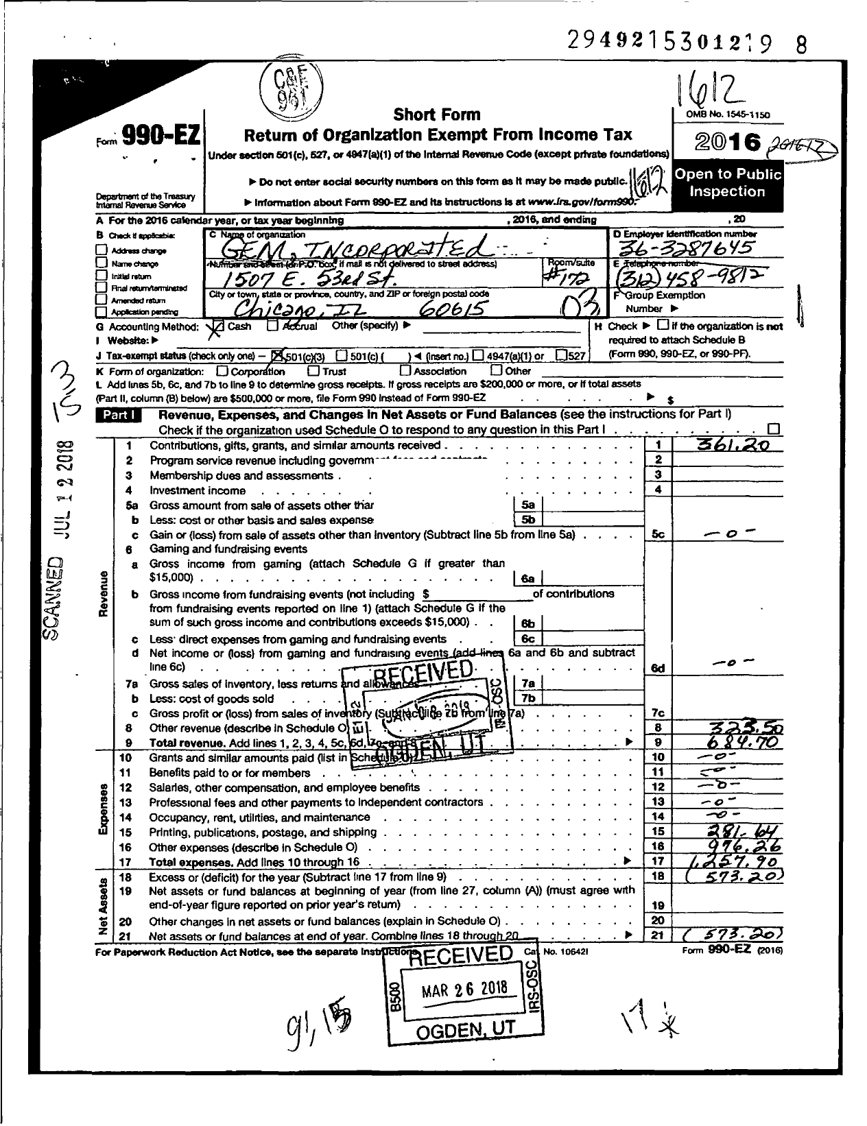 Image of first page of 2016 Form 990EZ for Gospel Experience Ministries (GEM)