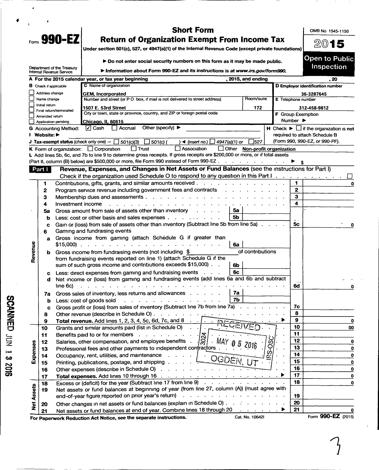 Image of first page of 2015 Form 990EO for Gospel Experience Ministries (GEM)