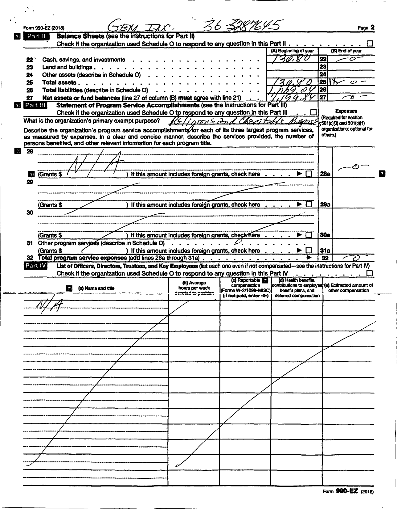 Image of first page of 2018 Form 990EZ for Gospel Experience Ministries (GEM)