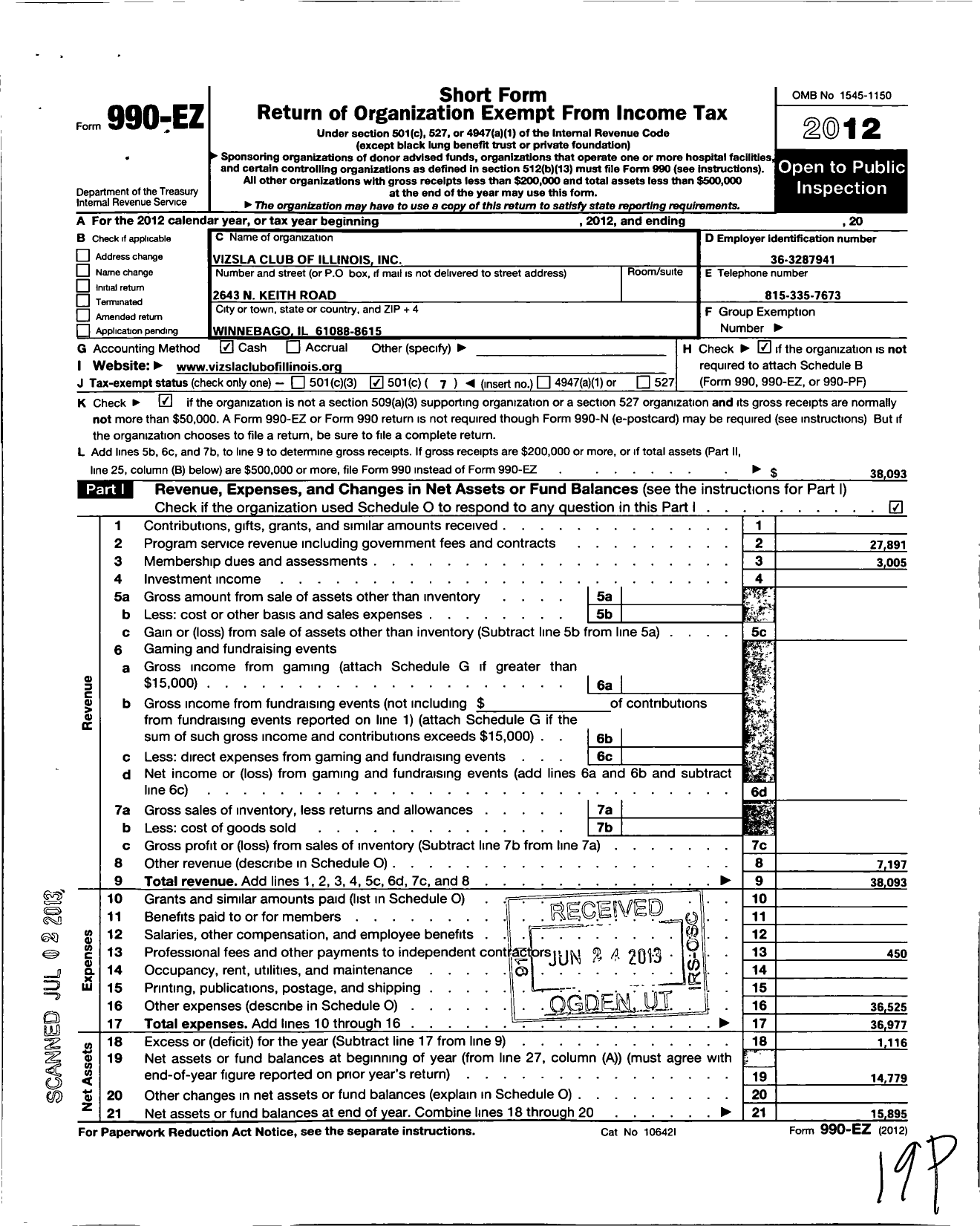 Image of first page of 2012 Form 990EO for The Vizsla Club of Illinois