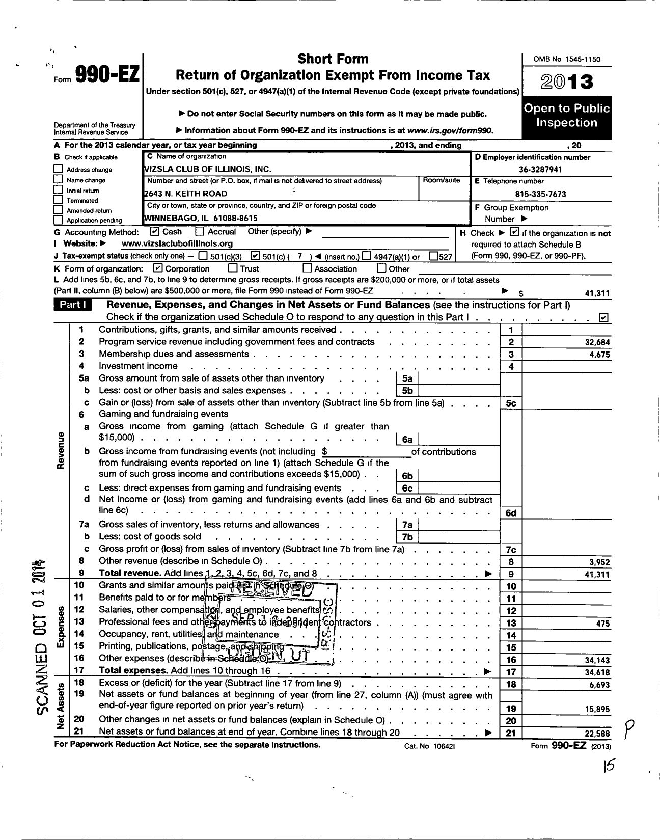 Image of first page of 2013 Form 990EO for The Vizsla Club of Illinois