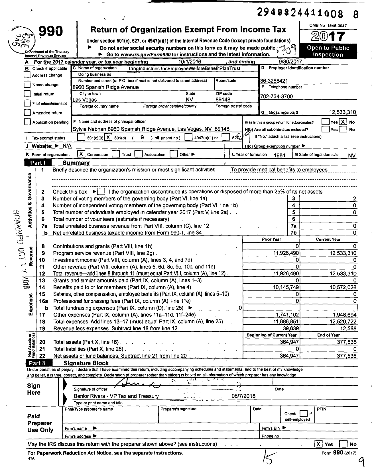 Image of first page of 2016 Form 990O for Tang Industries Inc Employee Welfare Be