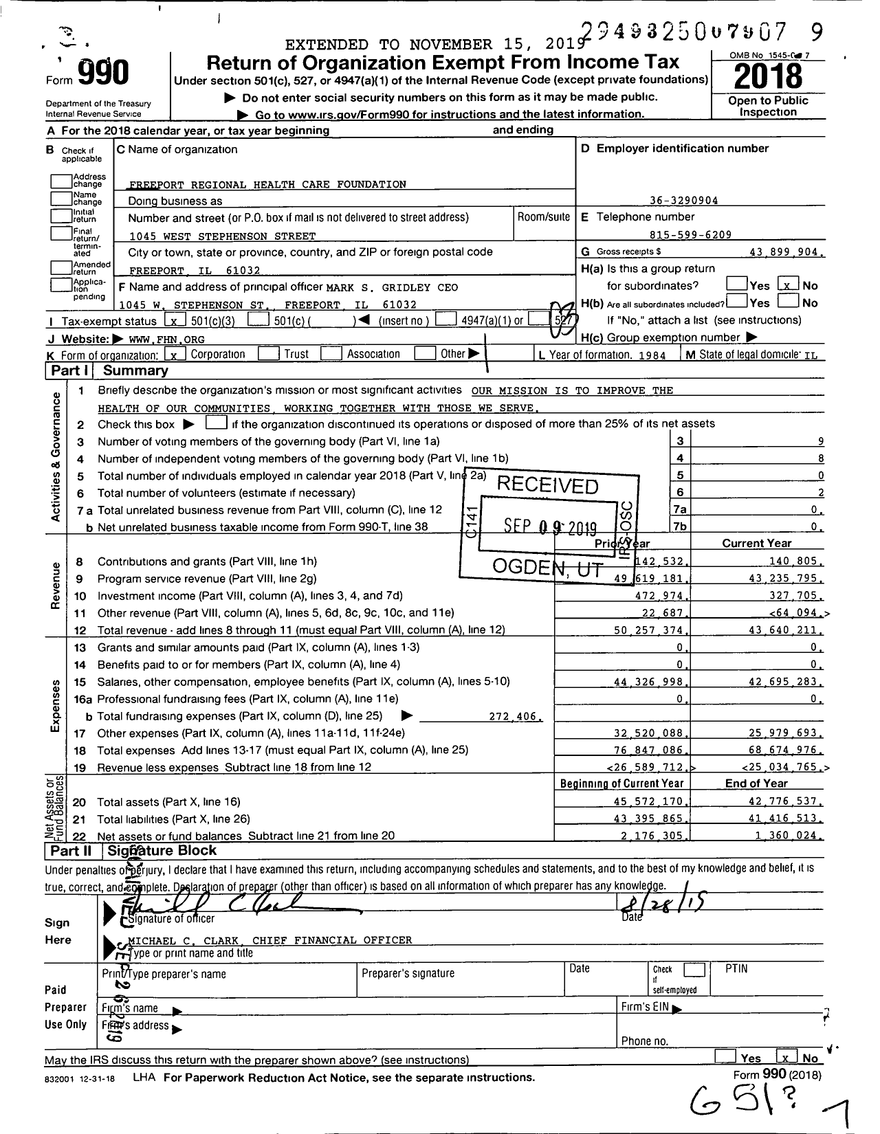 Image of first page of 2018 Form 990 for Freeport Regional Health Care Foundation (FHN)
