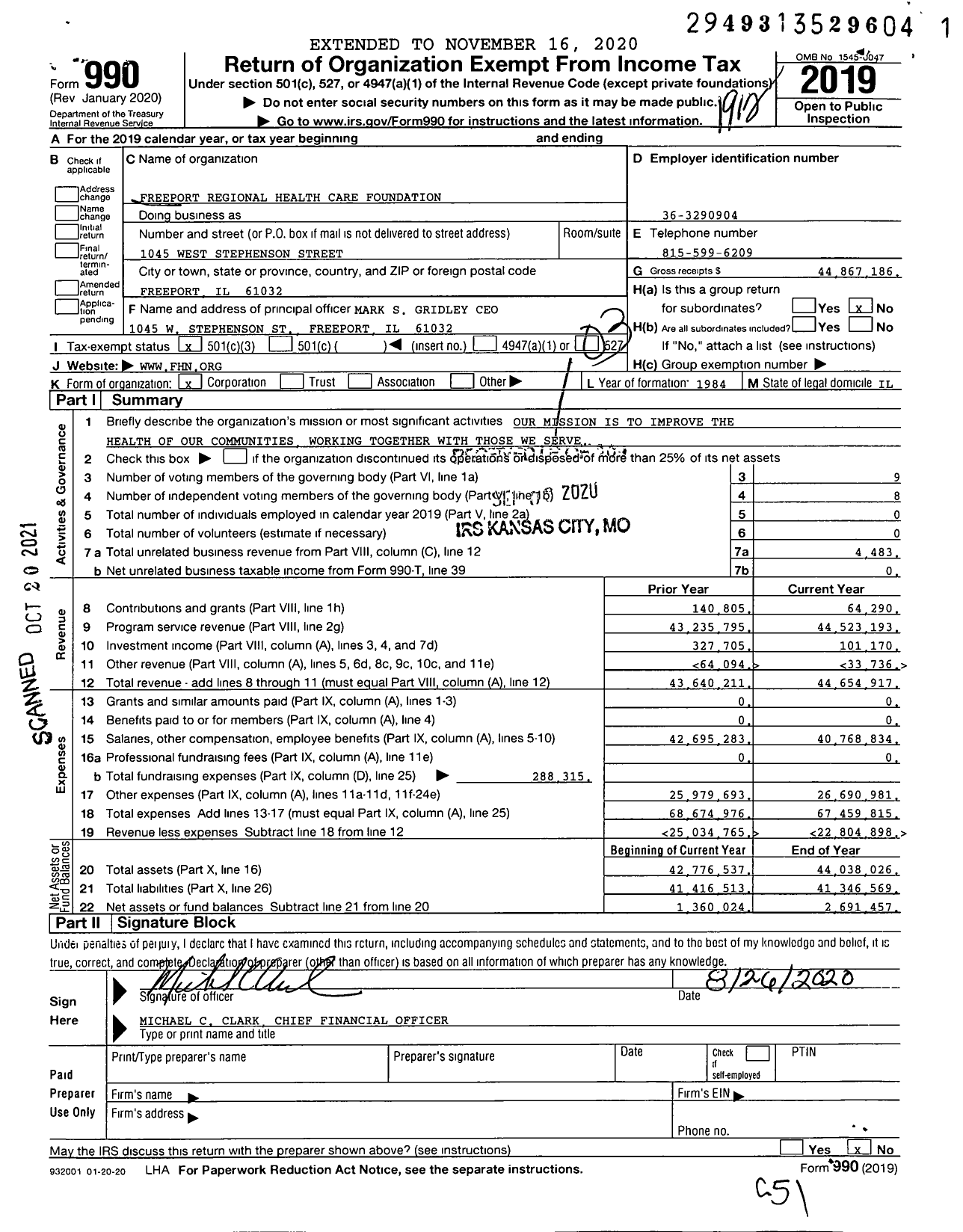 Image of first page of 2019 Form 990 for Freeport Regional Health Care Foundation (FHN)