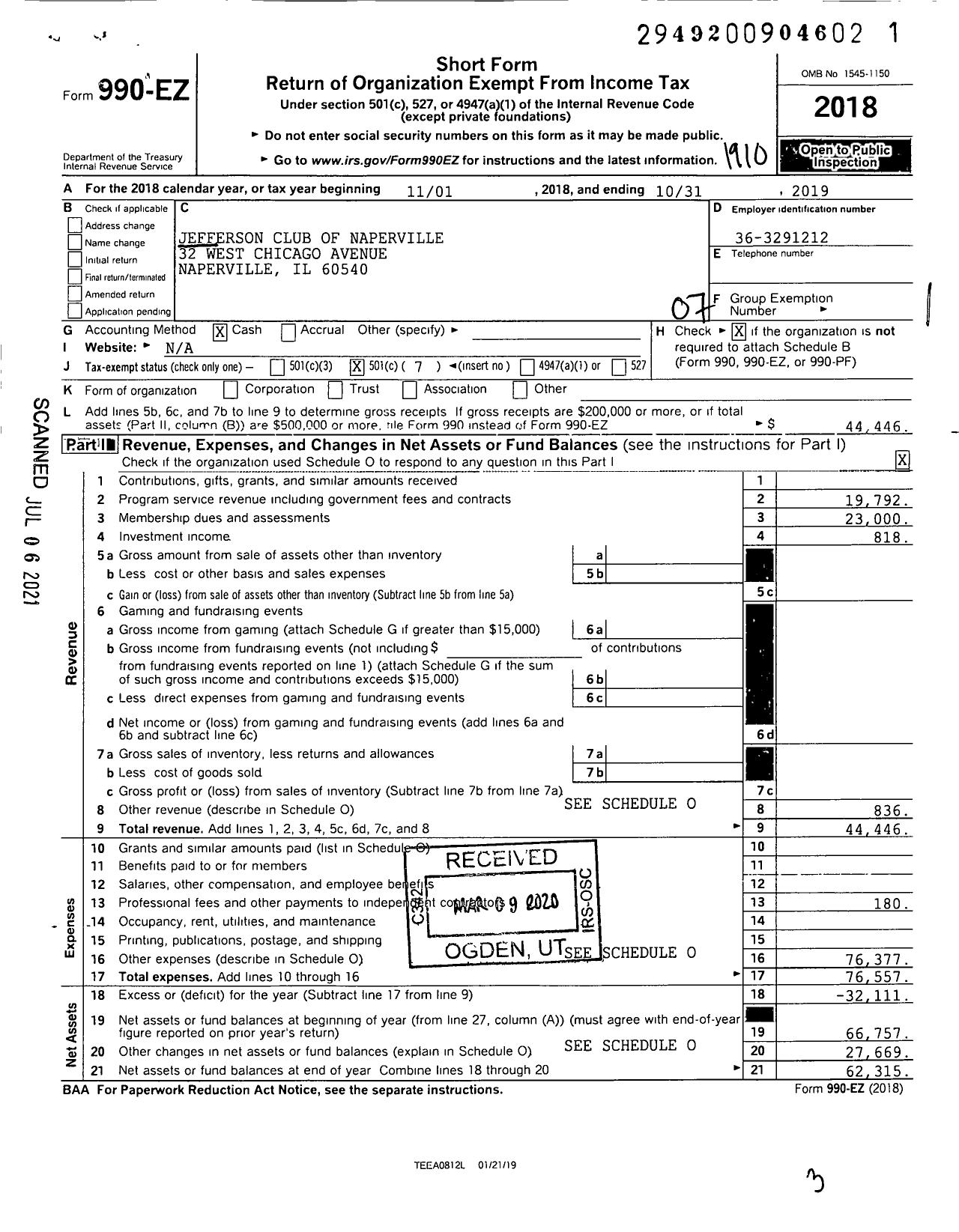 Image of first page of 2018 Form 990EO for Jefferson Club of Naperville