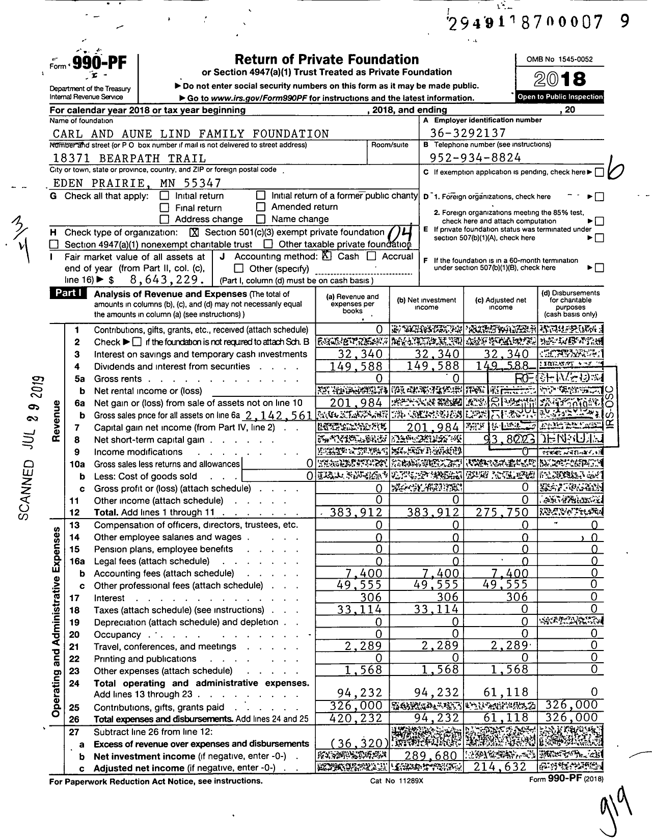 Image of first page of 2018 Form 990PF for Carl and Aune Lind Family Foundation