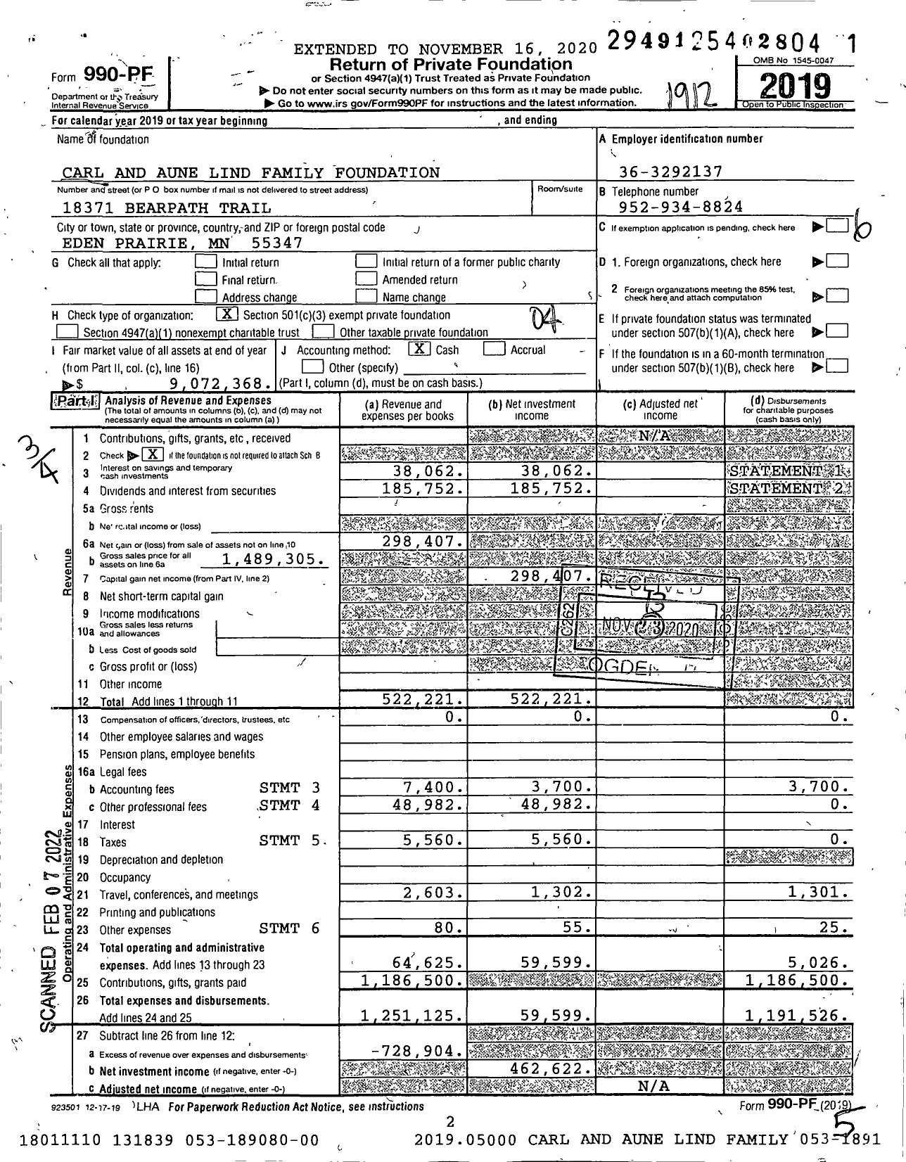 Image of first page of 2019 Form 990PF for Carl and Aune Lind Family Foundation