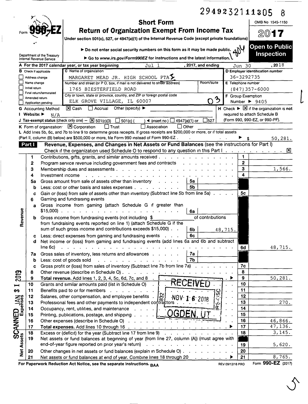 Image of first page of 2017 Form 990EZ for Illinois PTA - Margaret Mead JR High School PTA