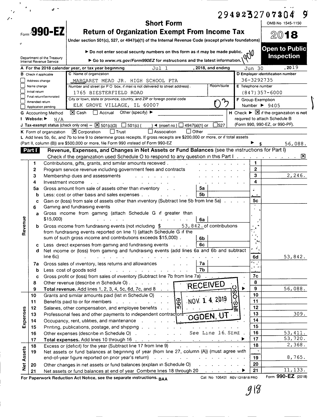 Image of first page of 2018 Form 990EZ for Illinois PTA - Margaret Mead JR High School PTA