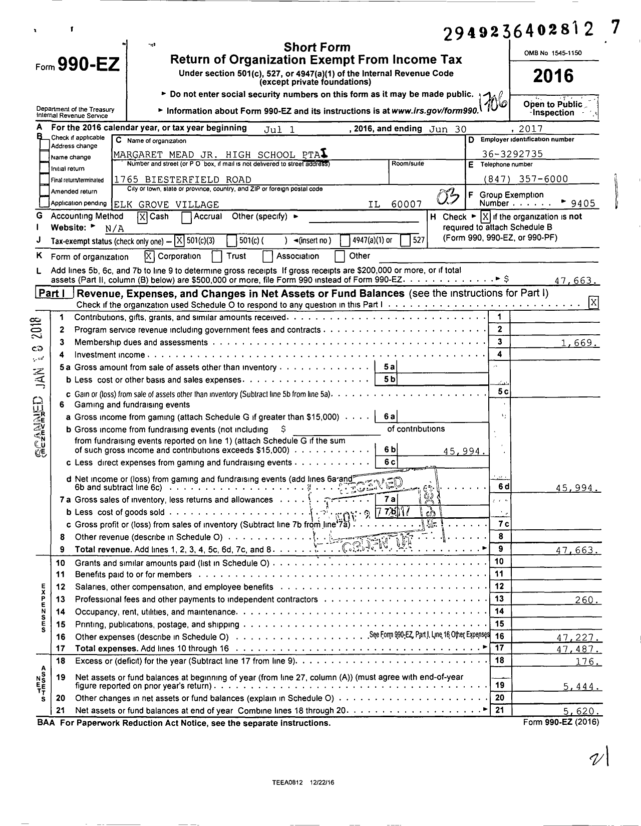 Image of first page of 2016 Form 990EZ for Illinois PTA - Margaret Mead JR High School PTA