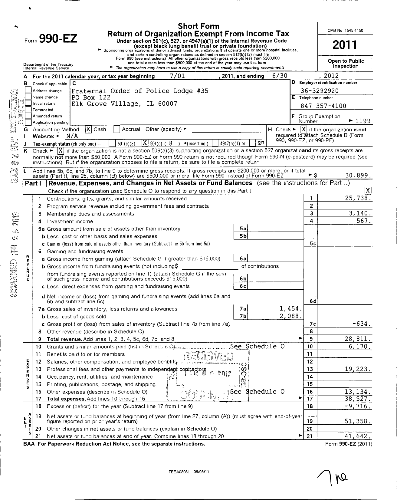 Image of first page of 2011 Form 990EO for Fraternal Order of Police - 35 Elk Grove Village Lodge