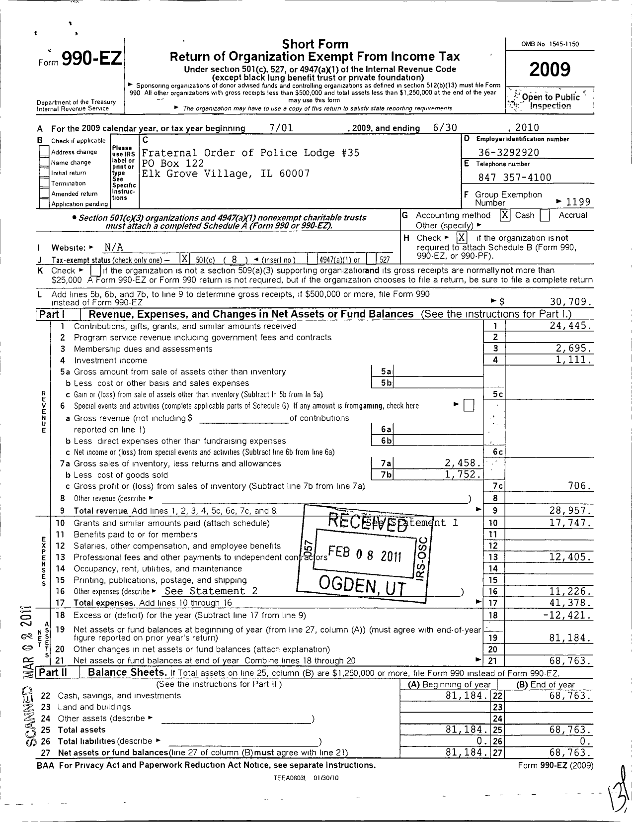 Image of first page of 2009 Form 990EO for Fraternal Order of Police - 35 Elk Grove Village Lodge