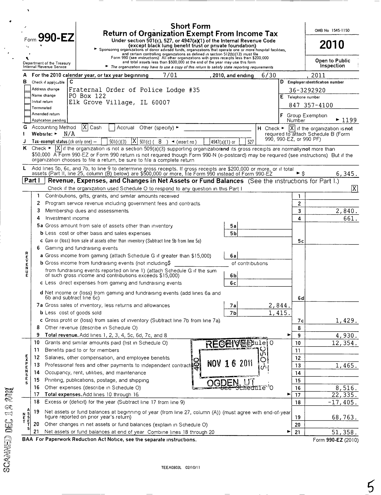 Image of first page of 2010 Form 990EO for Fraternal Order of Police - 35 Elk Grove Village Lodge