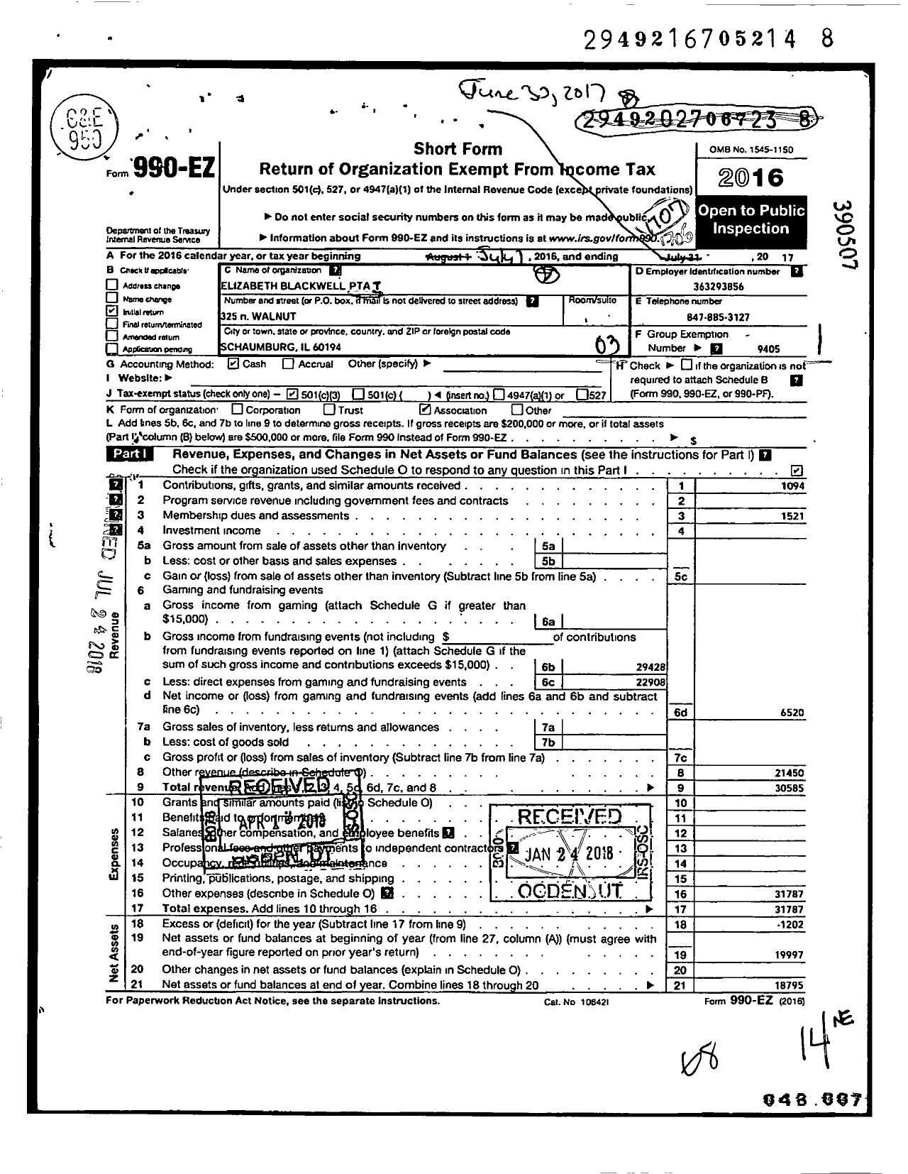 Image of first page of 2016 Form 990EZ for Illinois PTA - Elizabeth Blackwell PTA