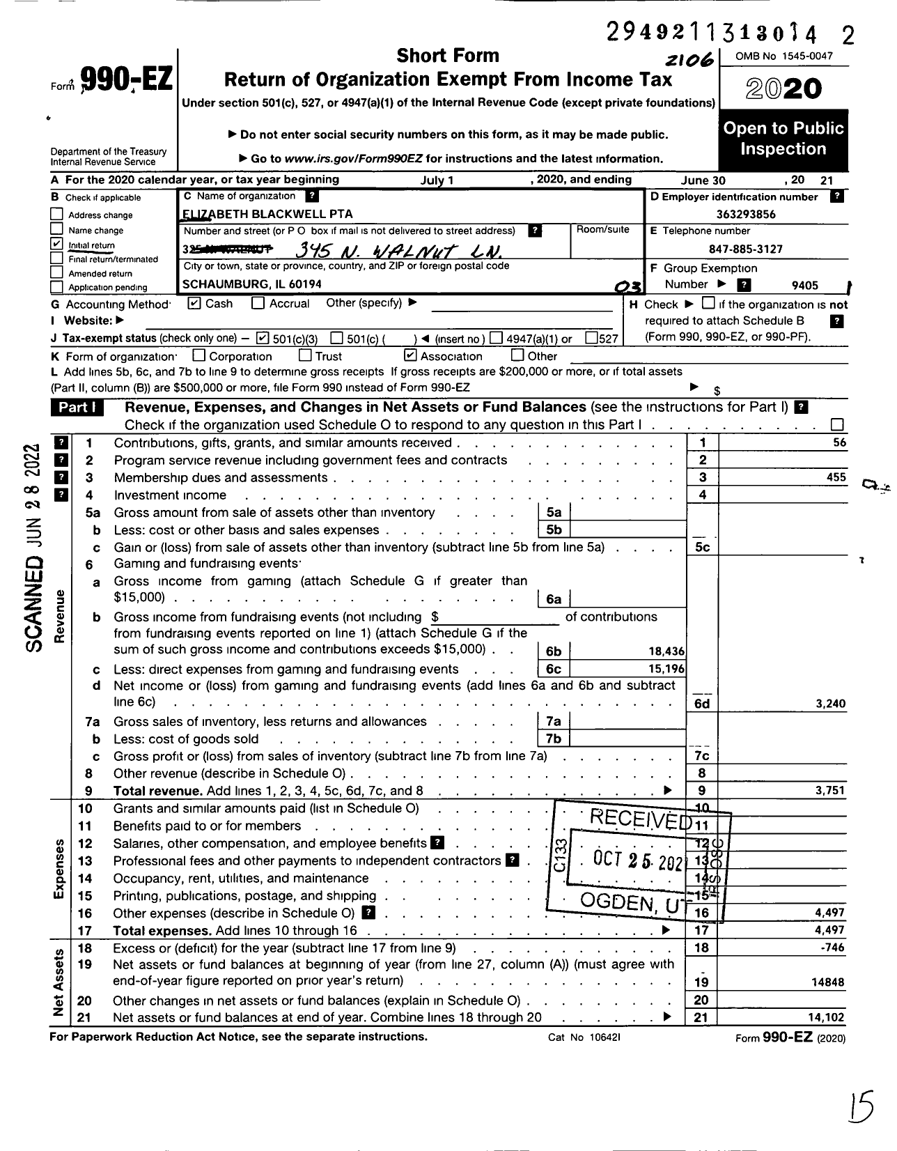 Image of first page of 2020 Form 990EZ for Illinois PTA - Elizabeth Blackwell PTA