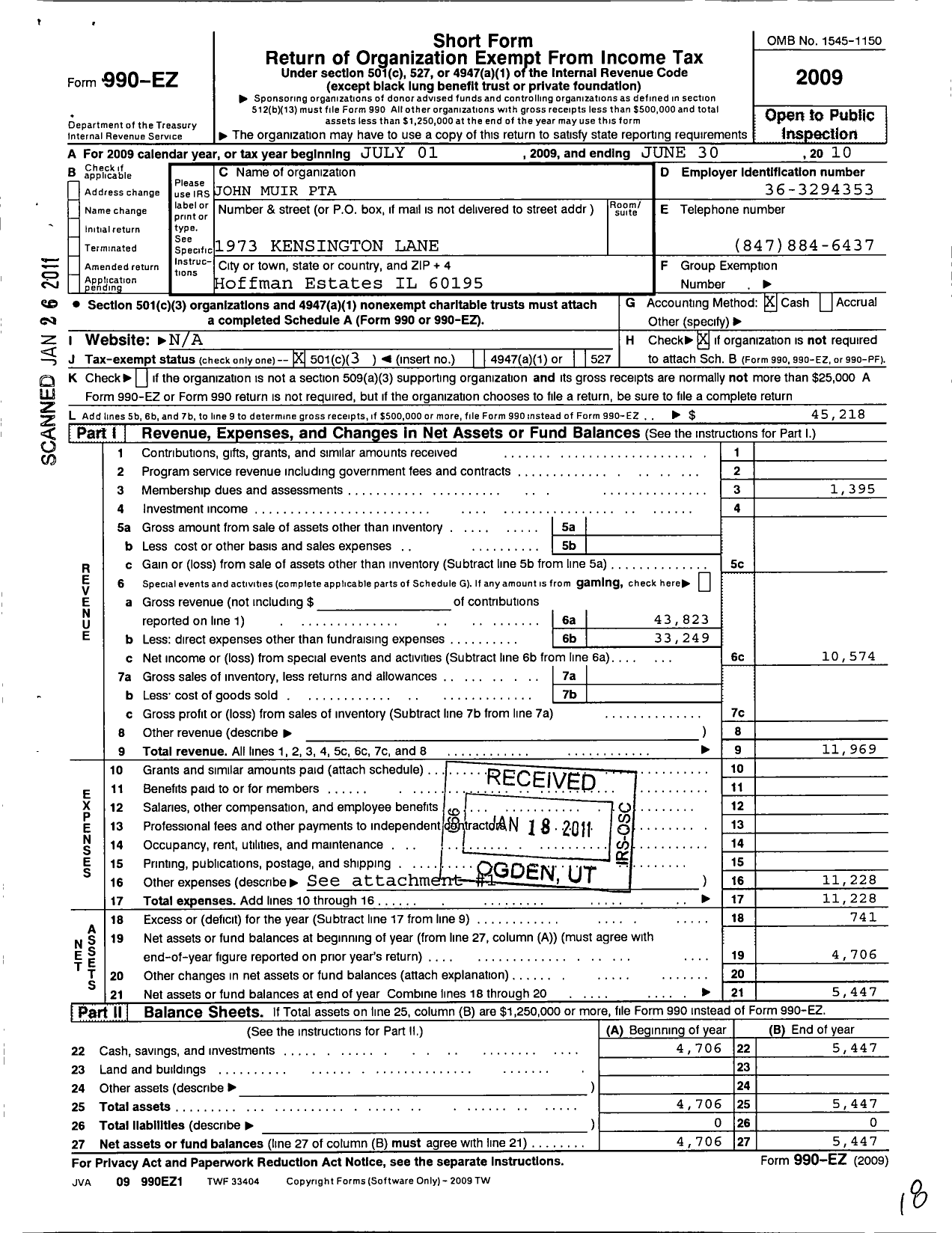 Image of first page of 2009 Form 990EZ for Illinois PTA - John Muir School PTA