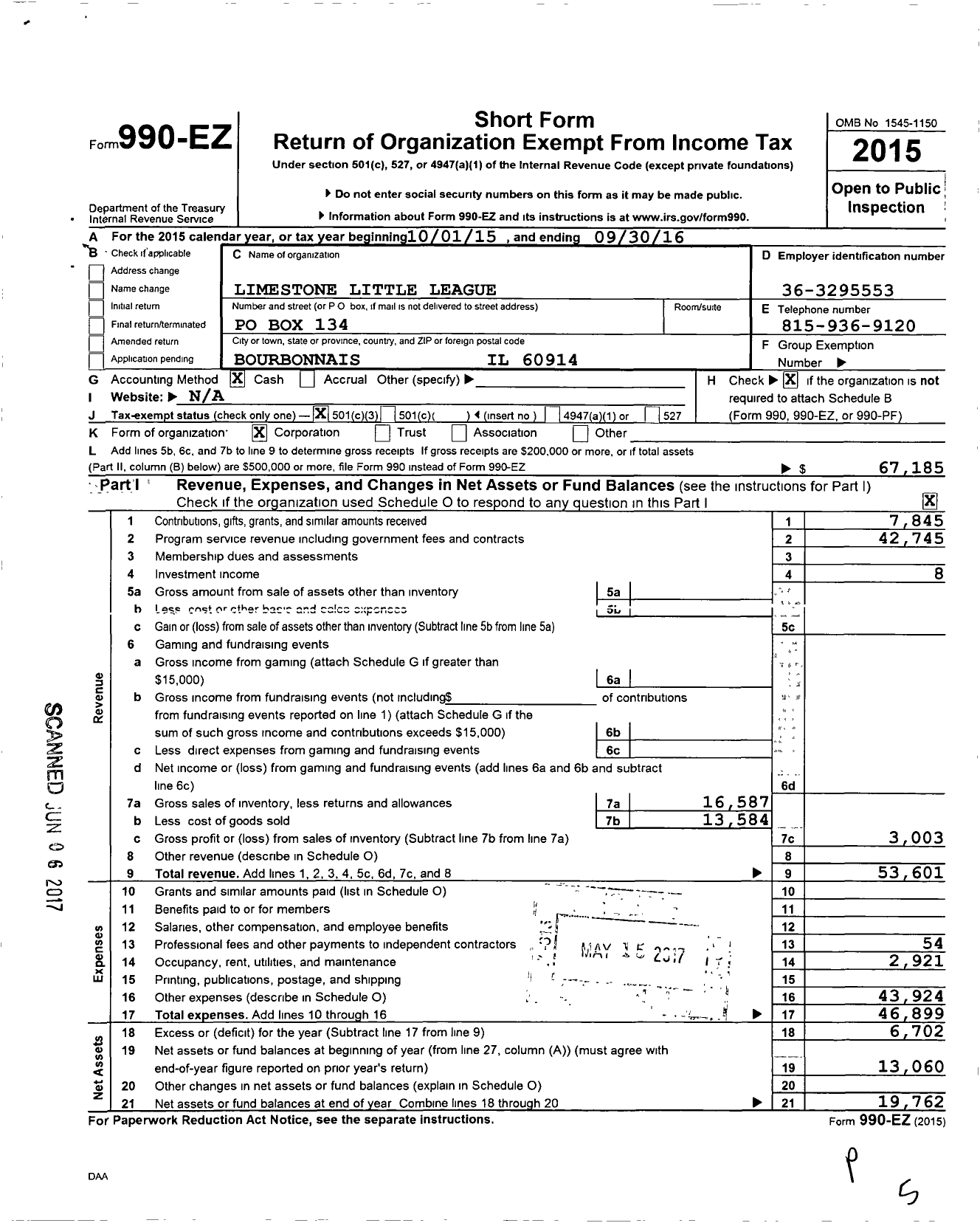 Image of first page of 2015 Form 990EZ for Limestone Youth Baseball and Softball