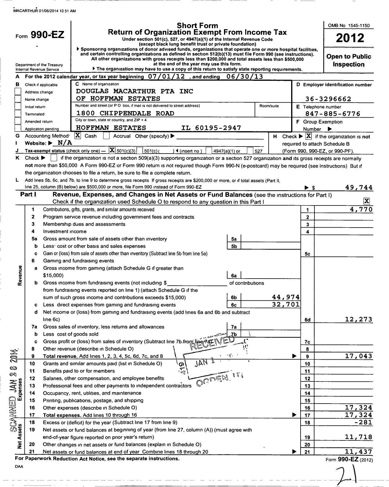 Image of first page of 2012 Form 990EZ for Illinois PTA - Macarthur PTA