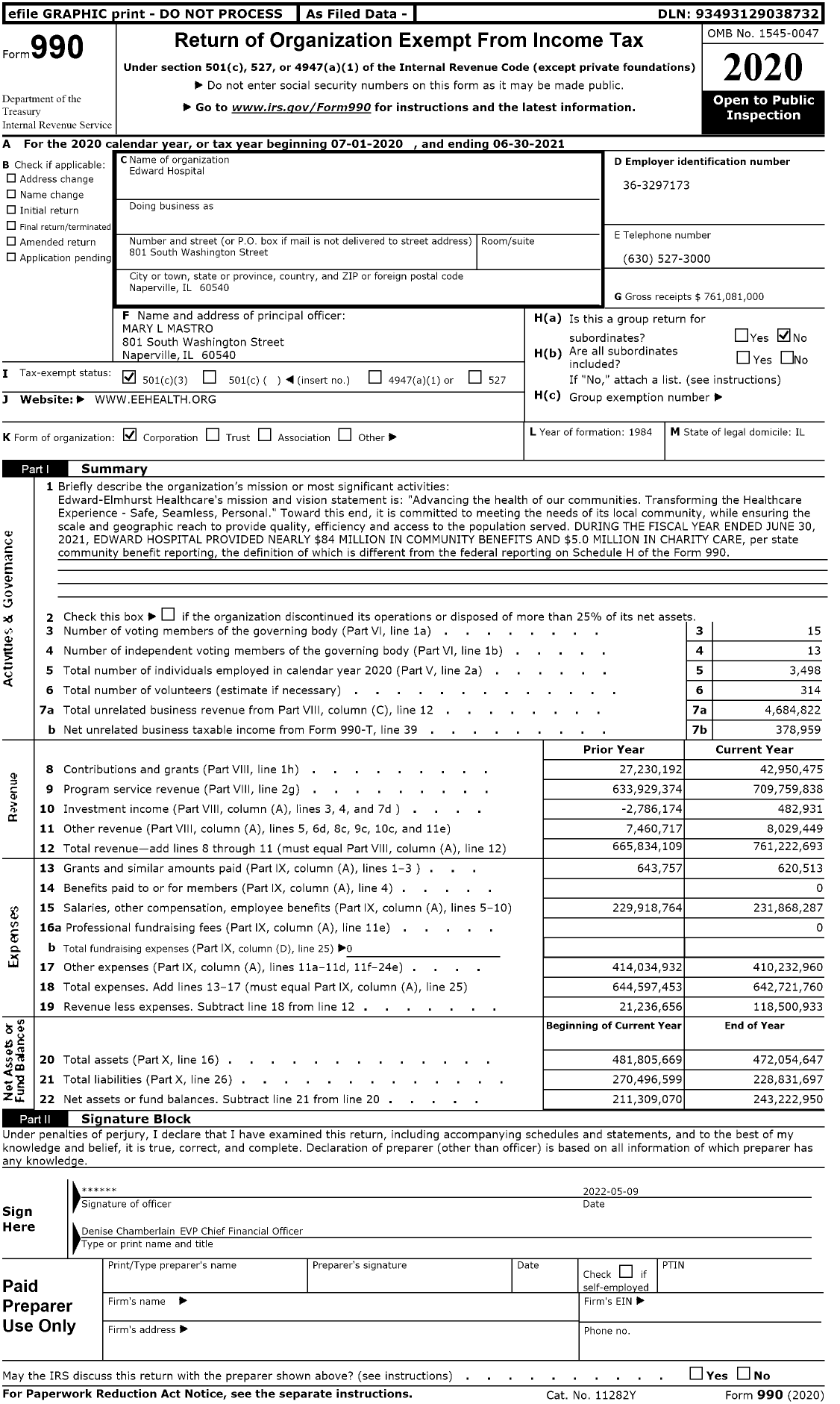 Image of first page of 2020 Form 990 for Edward Hospital