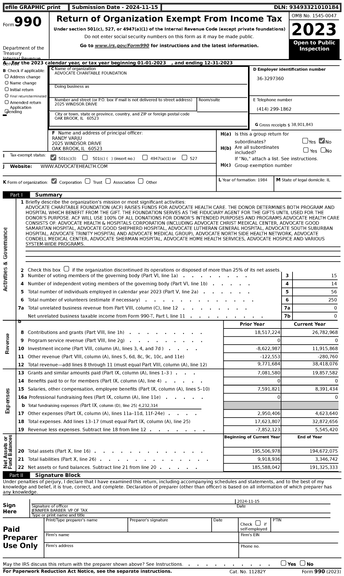 Image of first page of 2023 Form 990 for Advocate Charitable Foundation