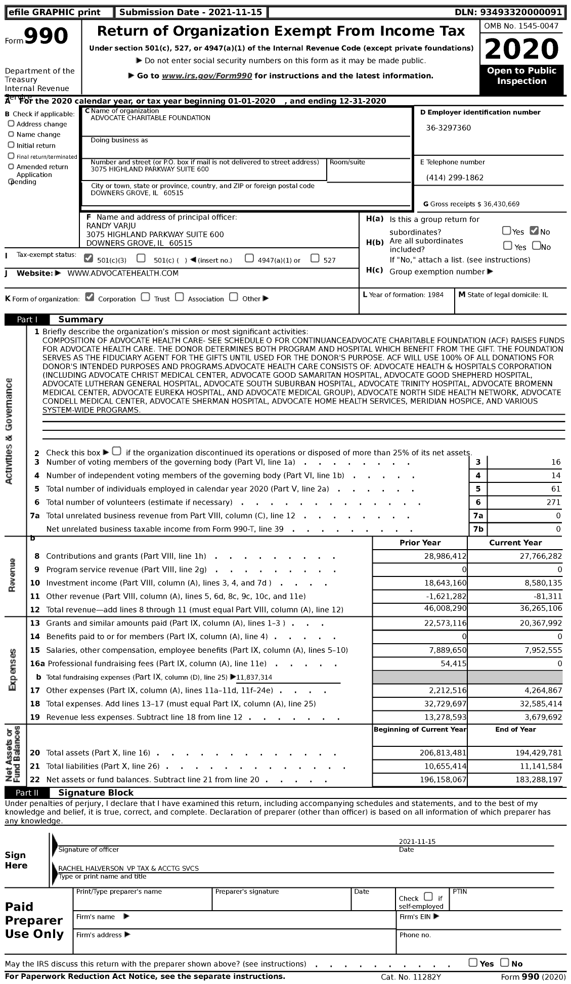 Image of first page of 2020 Form 990 for Advocate Charitable Foundation