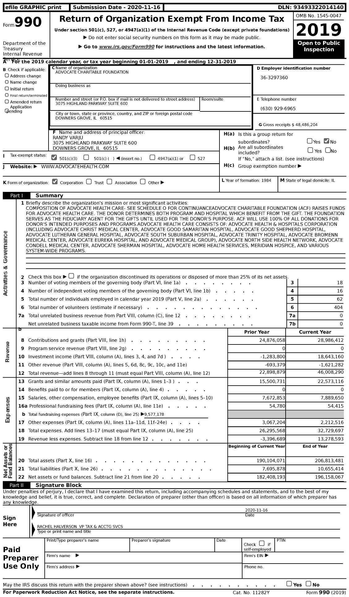 Image of first page of 2019 Form 990 for Advocate Charitable Foundation