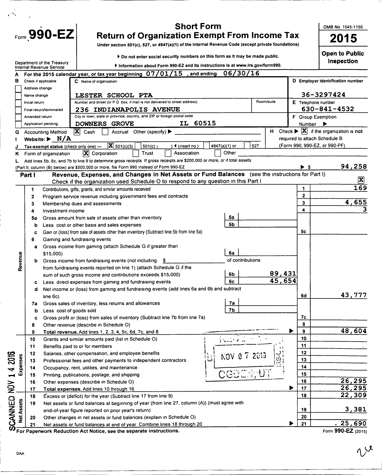 Image of first page of 2015 Form 990EZ for Illinois PTA - Lester PTA