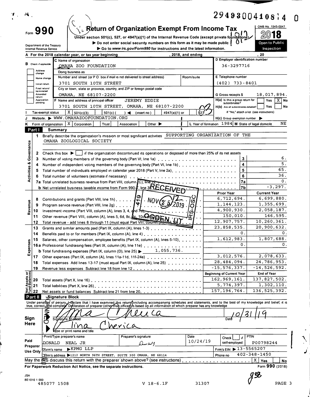 Image of first page of 2018 Form 990 for Omaha Zoo Foundation