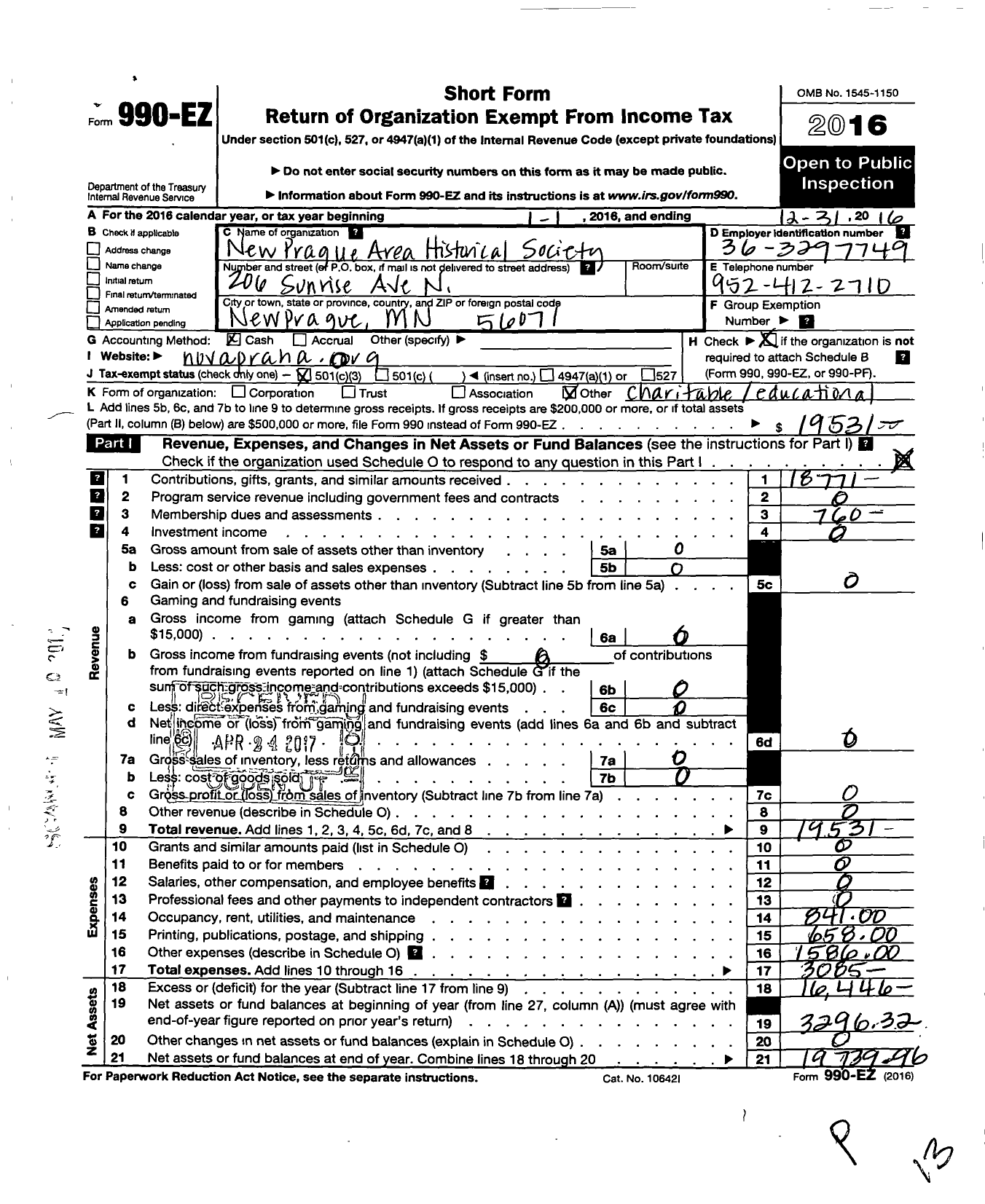 Image of first page of 2016 Form 990EZ for New Prague Area Historical Society