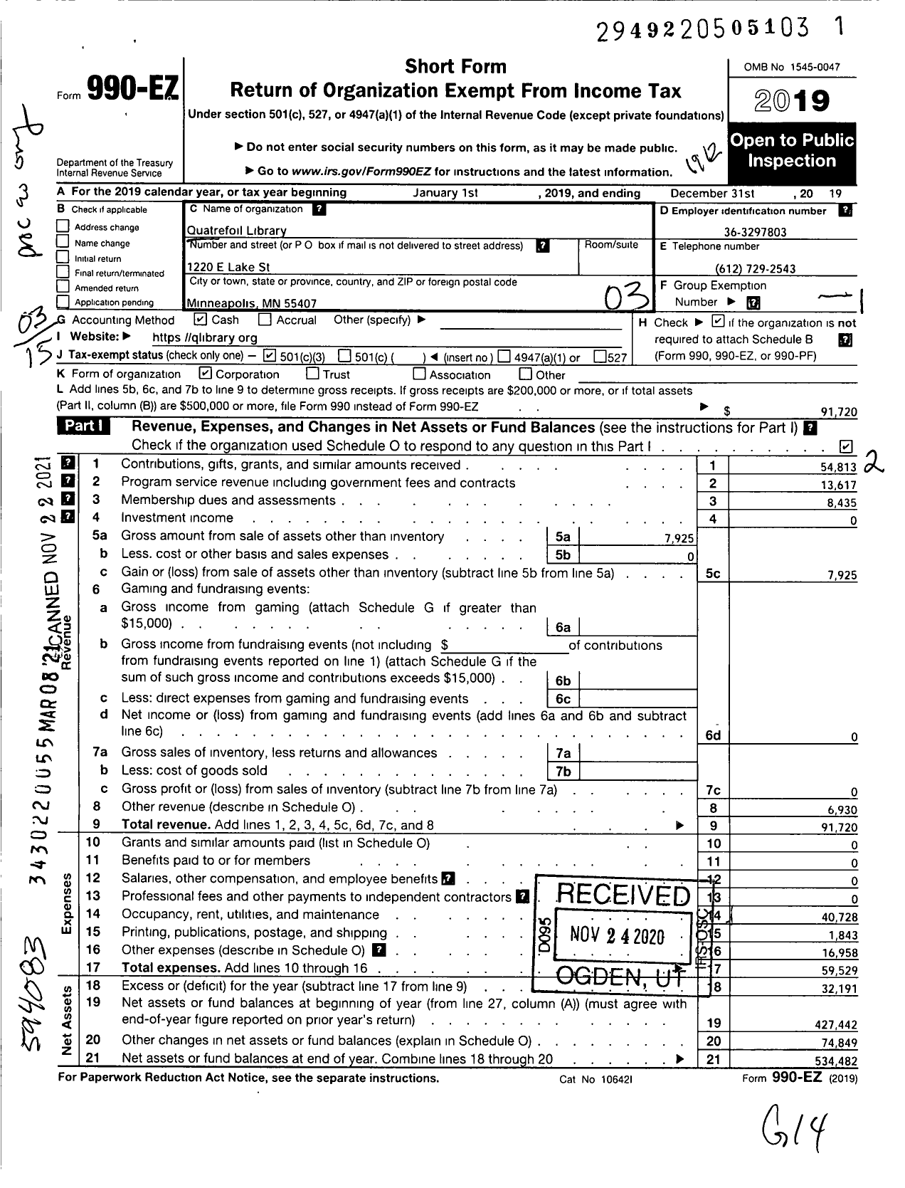 Image of first page of 2019 Form 990EZ for Quatrefoil Library