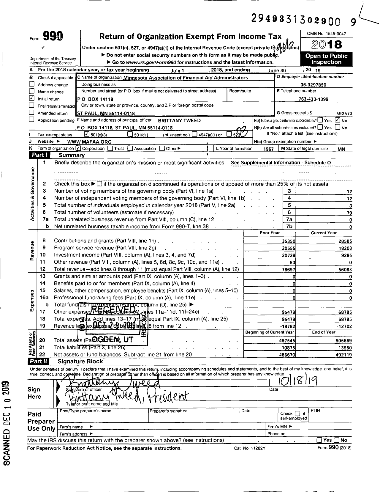 Image of first page of 2018 Form 990 for Minnesota Association of Financial Aid Administrators