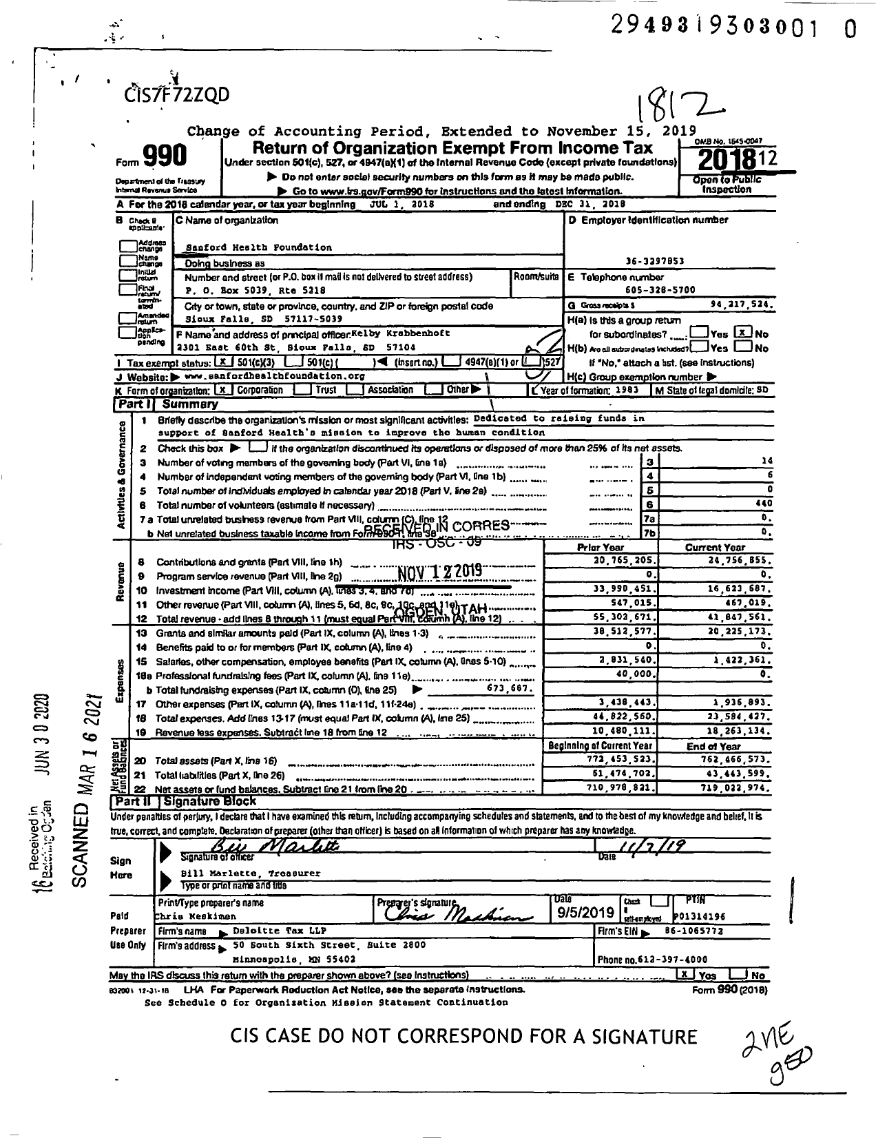 Image of first page of 2018 Form 990 for Sanford Health Foundation