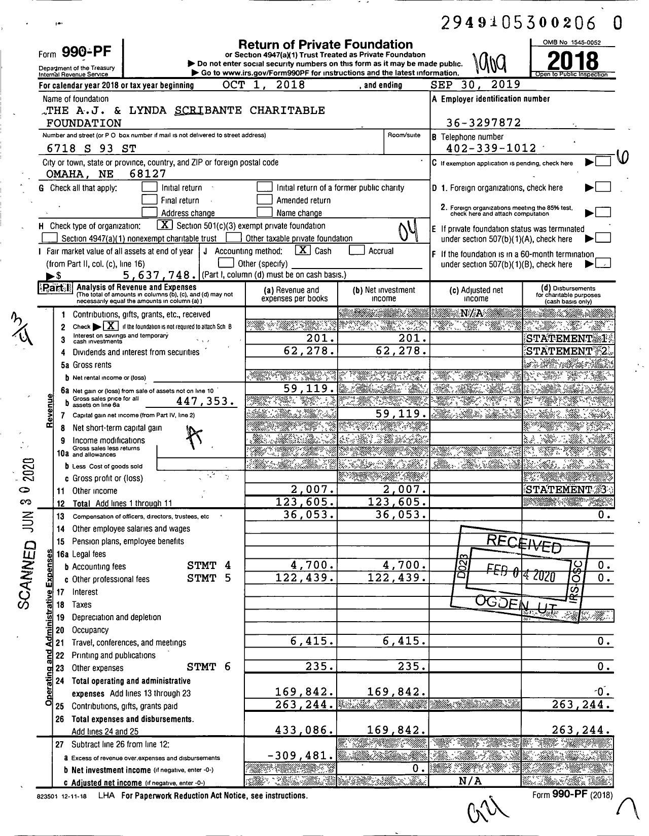 Image of first page of 2018 Form 990PR for The Aj and Lynda Scribante Charitable Foundation