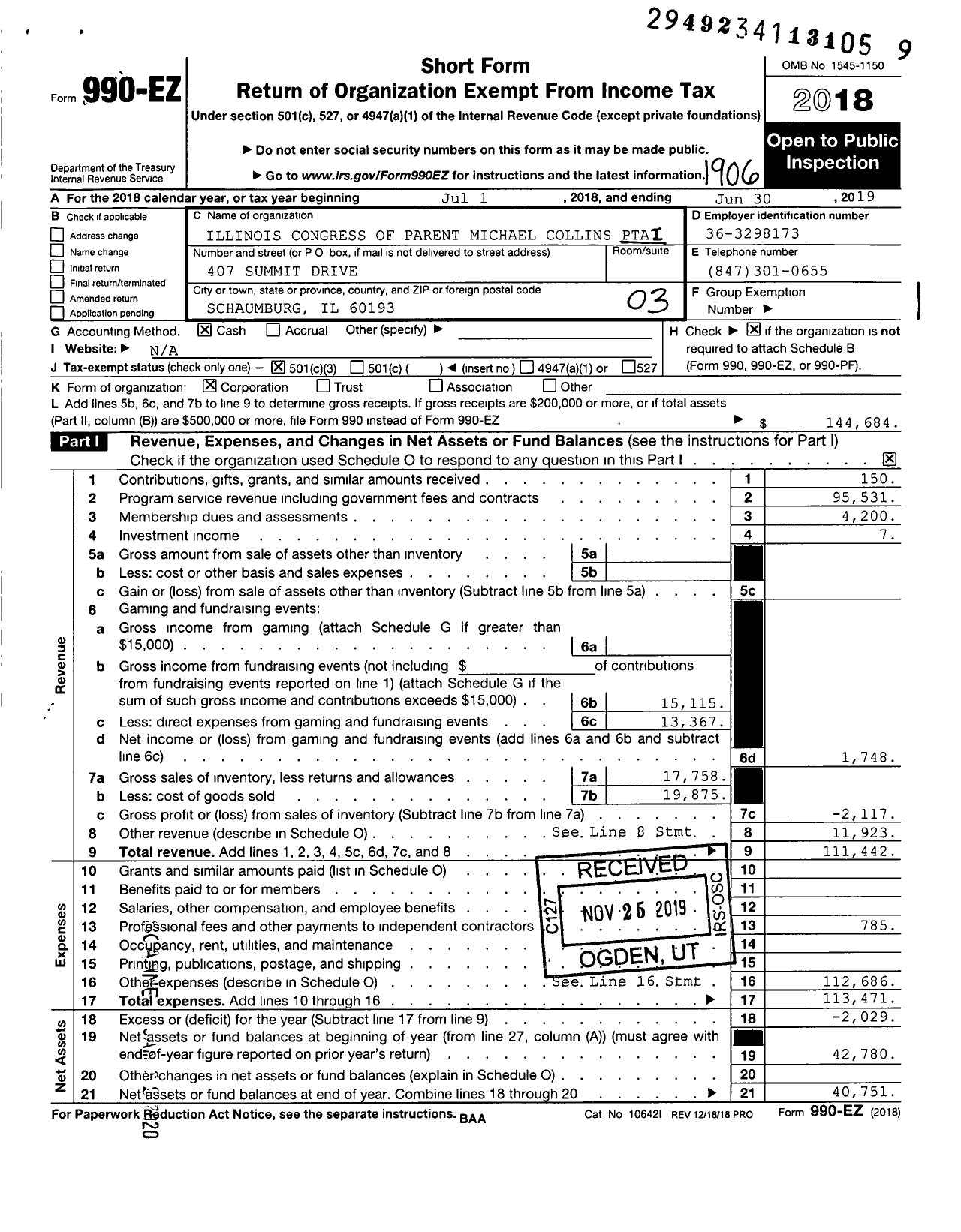 Image of first page of 2018 Form 990EZ for Illinois PTA - PTA Michael Collins Illinois Congress of Parent