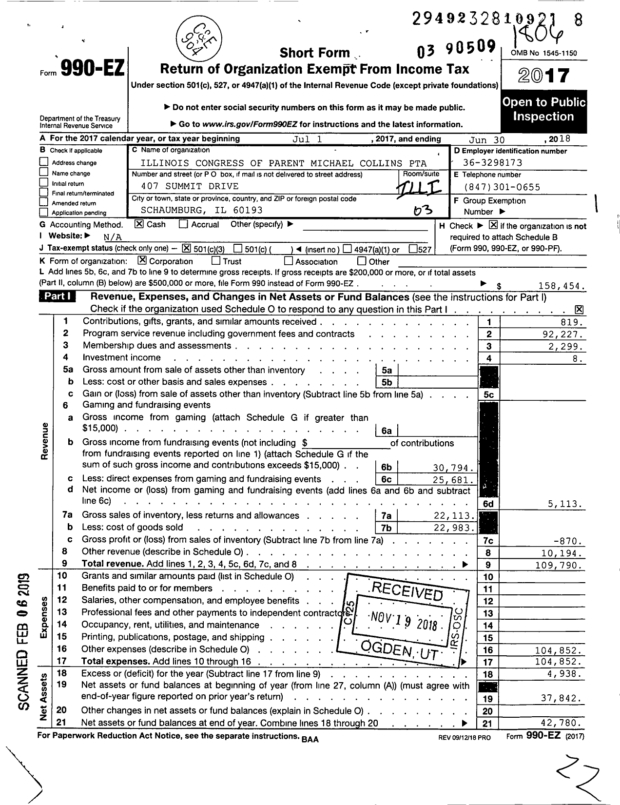 Image of first page of 2017 Form 990EZ for Illinois PTA - PTA Michael Collins Illinois Congress of Parent