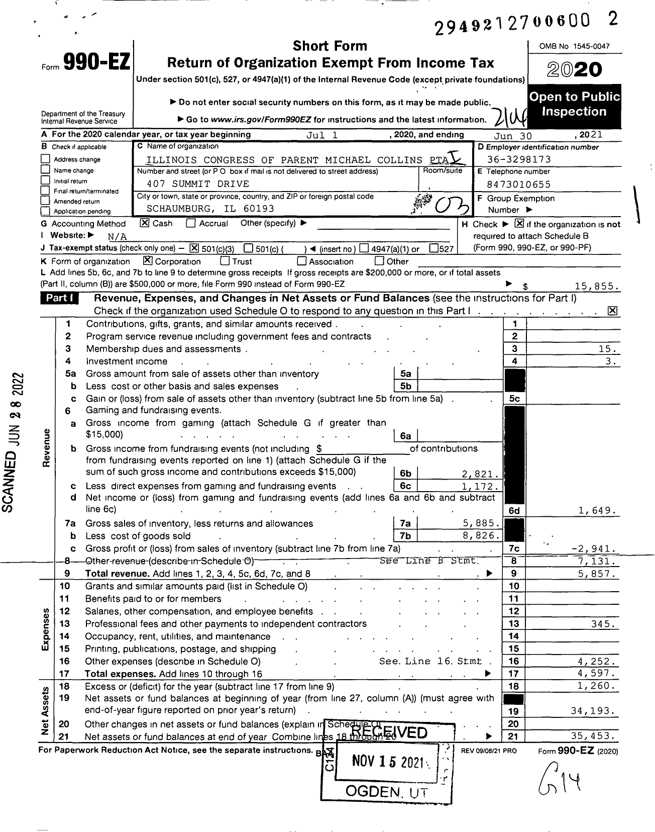 Image of first page of 2020 Form 990EZ for Illinois PTA - PTA Michael Collins Illinois Congress of Parent